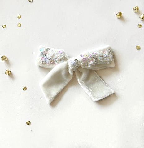 White Snowflake Sequin Velvet Bow