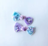 Aqua/light pink/light purple Mermaid Silk Velvet Sequin Mini Knot | Clip or Nylon