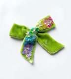 Rainbow Green Silk Velvet Sequin Bow