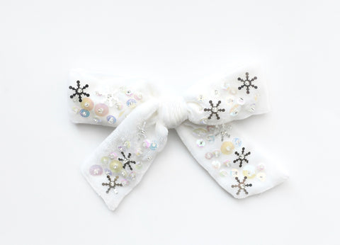 White Snowflake Sequin Silk Velvet | Clip or Nylon